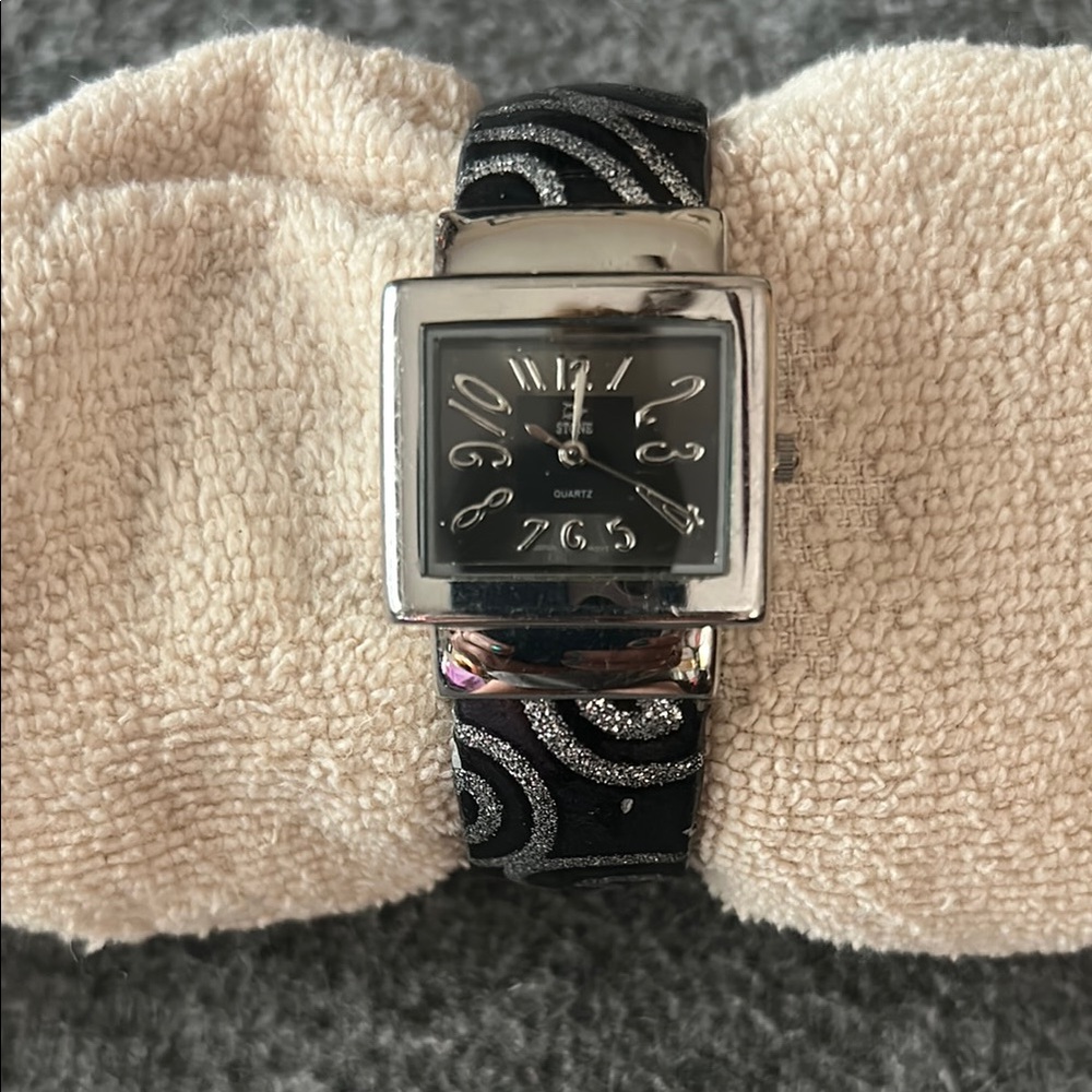 Chic Silver Square Face Watch with Black Strap
